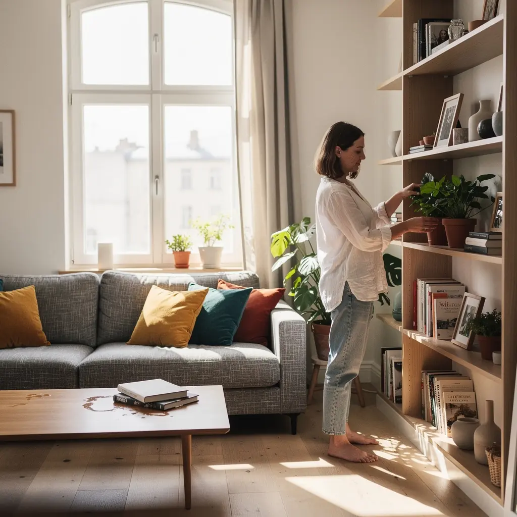 Łazienka z inteligentnymi rozwiązaniami do przechowywania i stylowym oświetleniem.